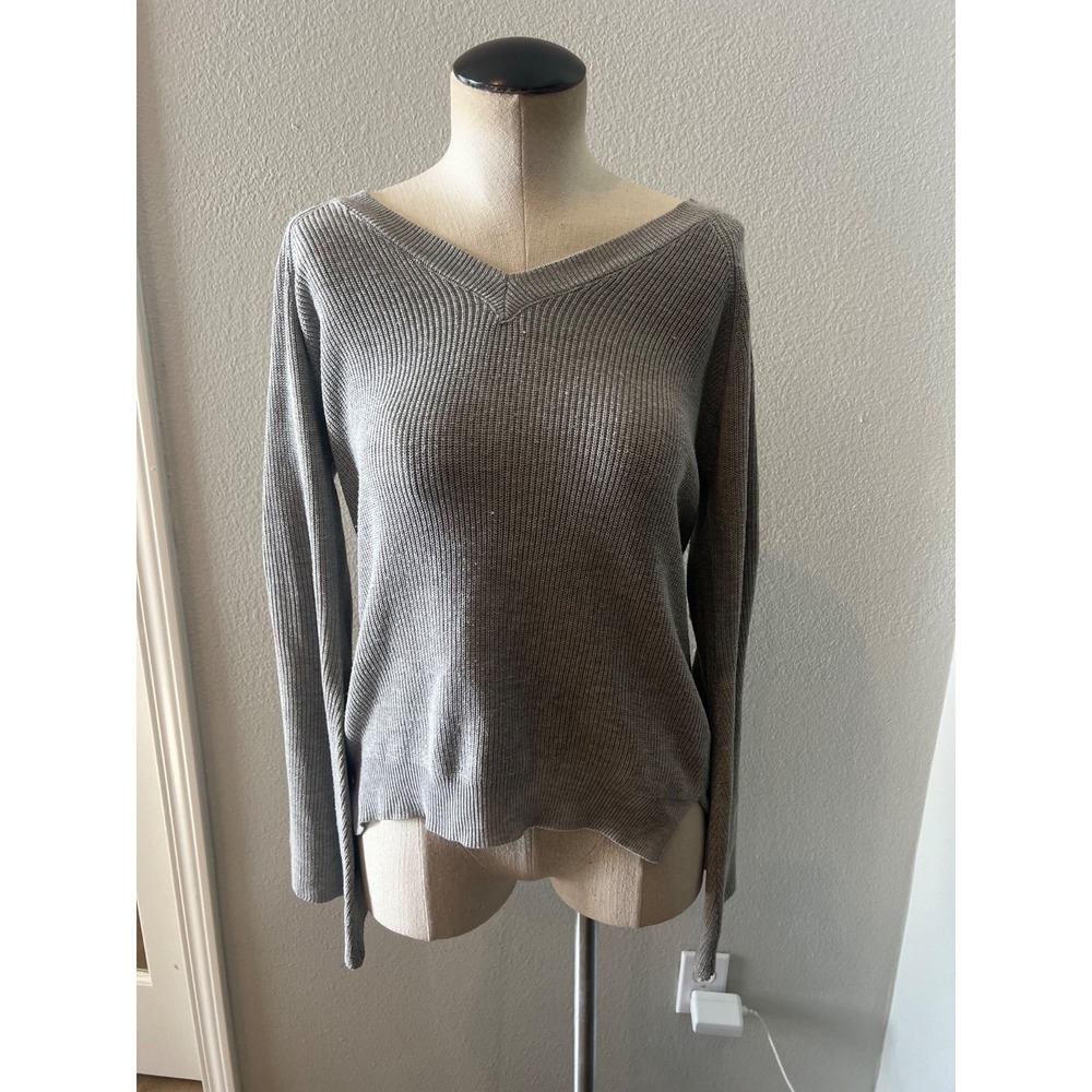 Moral Fiber Women's Small Gray V-Neck Cutout Lace Up Sleeve Knit Sweater